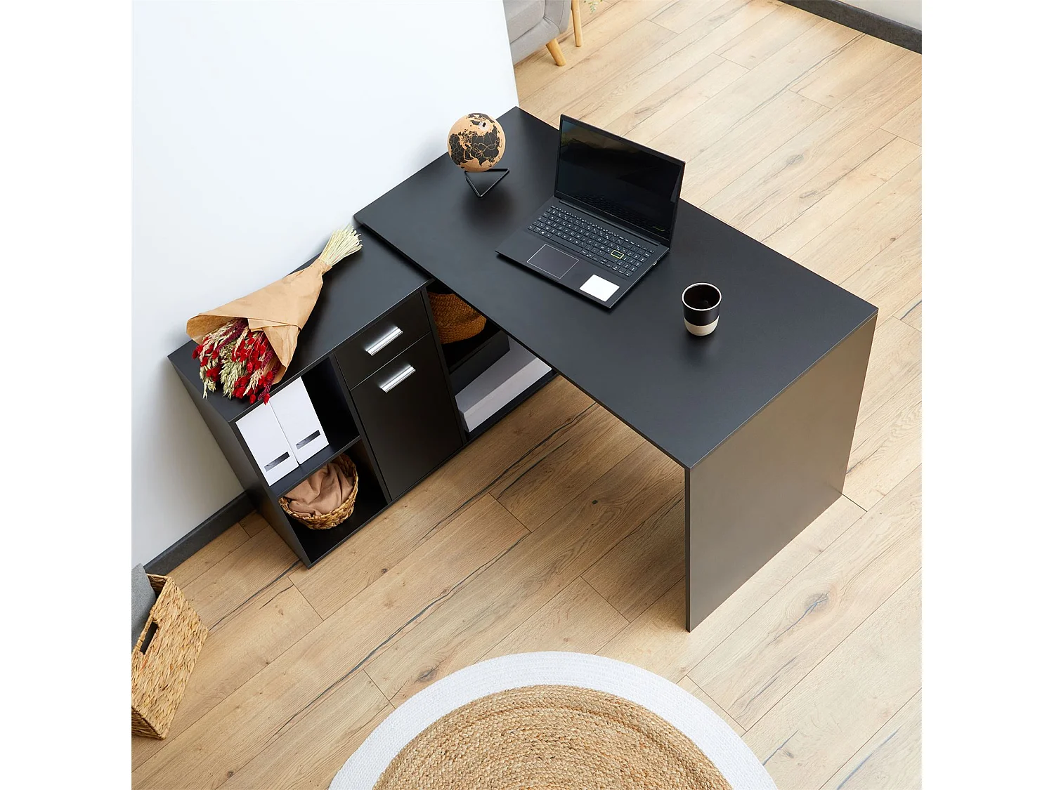 Bureau d'angle CARMEN bureau modulable avec meuble de rangement intégré 4 étagères 1 porte et 1 tiroir, décor noir mat