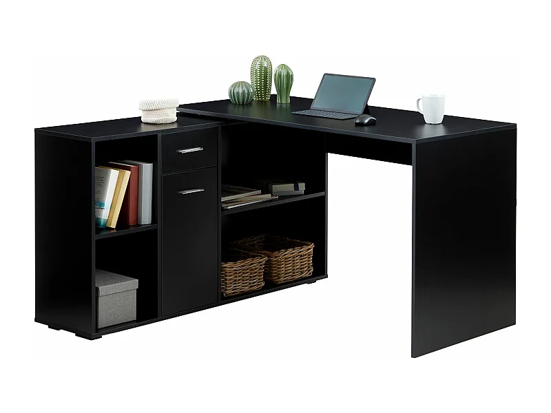 Bureau d'angle CARMEN bureau modulable avec meuble de rangement intégré 4 étagères 1 porte et 1 tiroir, décor noir mat