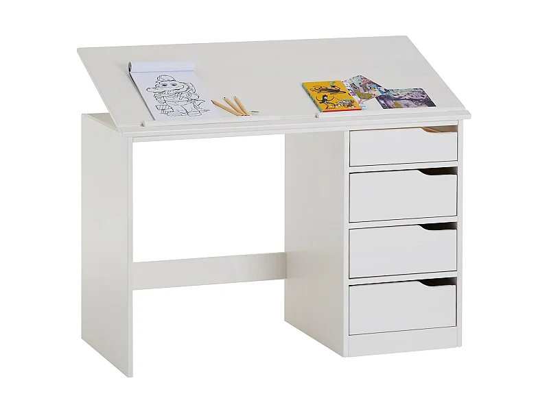 Bureau enfant écolier junior EMMA pupitre inclinable avec 4 tiroirs en pin massif, lasuré blanc