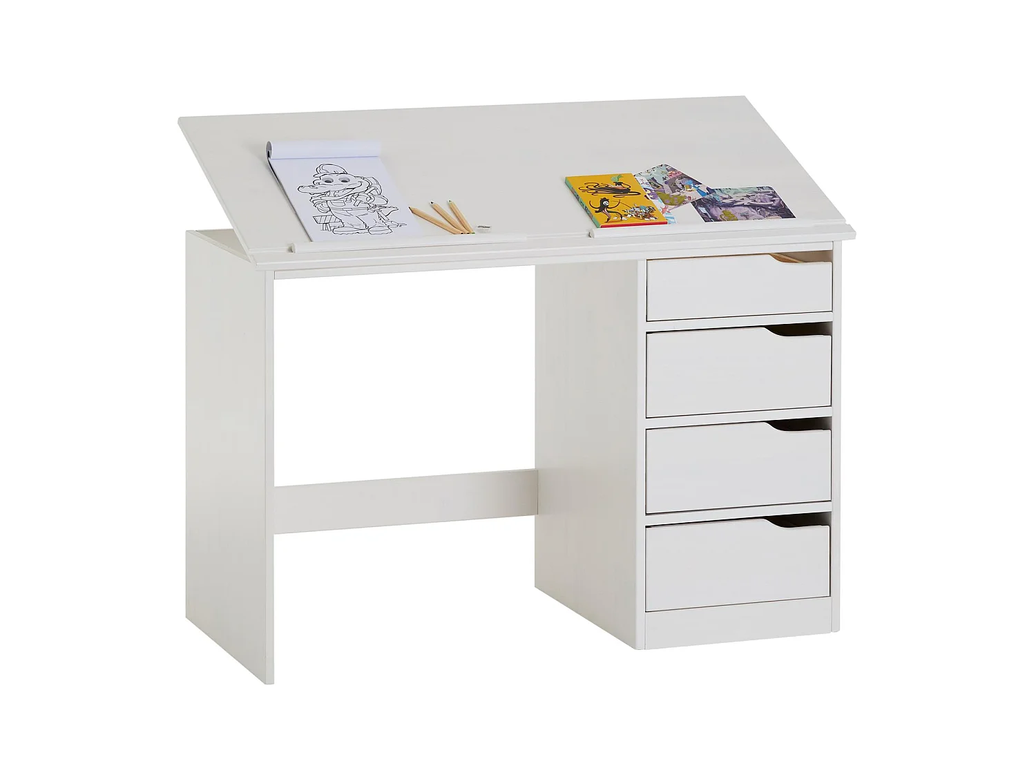 Bureau enfant écolier junior EMMA pupitre inclinable avec 4 tiroirs en pin massif, lasuré blanc