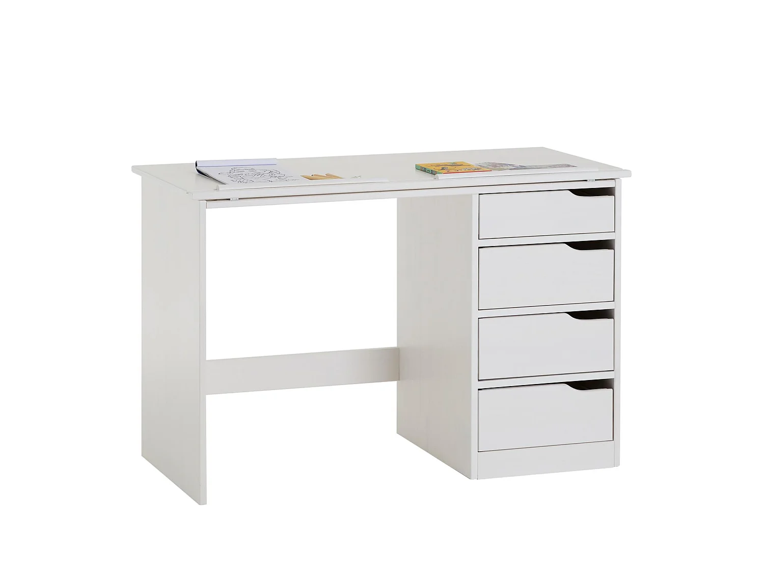 Bureau enfant écolier junior EMMA pupitre inclinable avec 4 tiroirs en pin massif, lasuré blanc