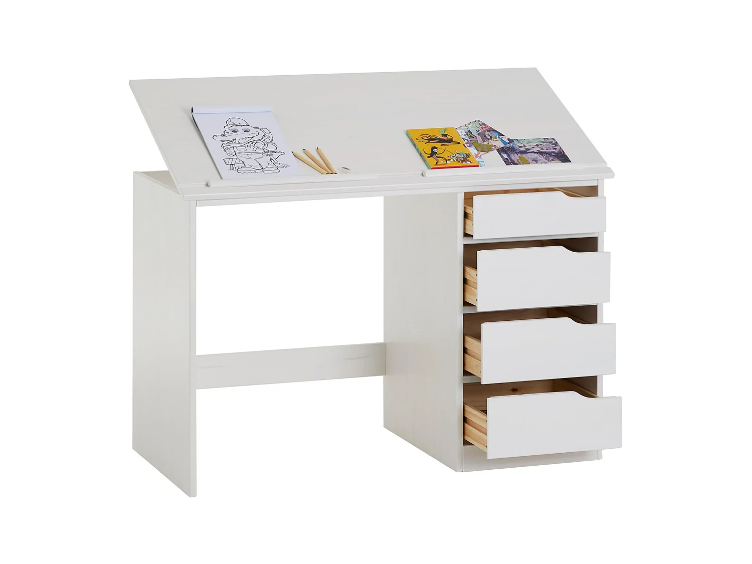 Bureau enfant écolier junior EMMA pupitre inclinable avec 4 tiroirs en pin massif, lasuré blanc