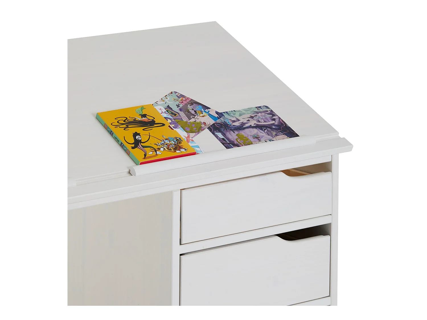 Bureau enfant écolier junior EMMA pupitre inclinable avec 4 tiroirs en pin massif, lasuré blanc