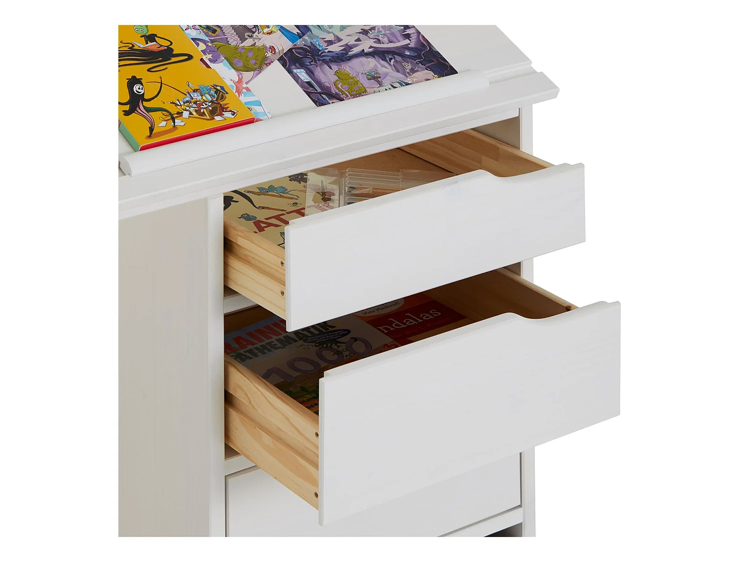 Bureau enfant écolier junior EMMA pupitre inclinable avec 4 tiroirs en pin massif, lasuré blanc