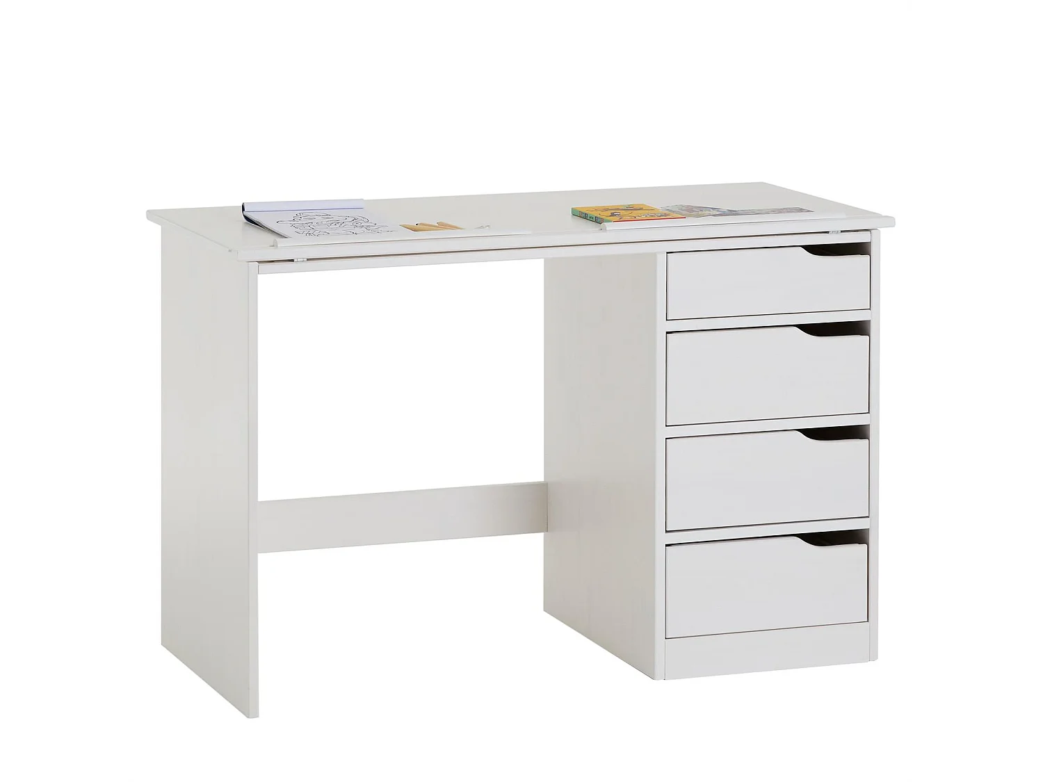 Bureau enfant écolier junior EMMA pupitre inclinable avec 4 tiroirs en pin massif, lasuré blanc