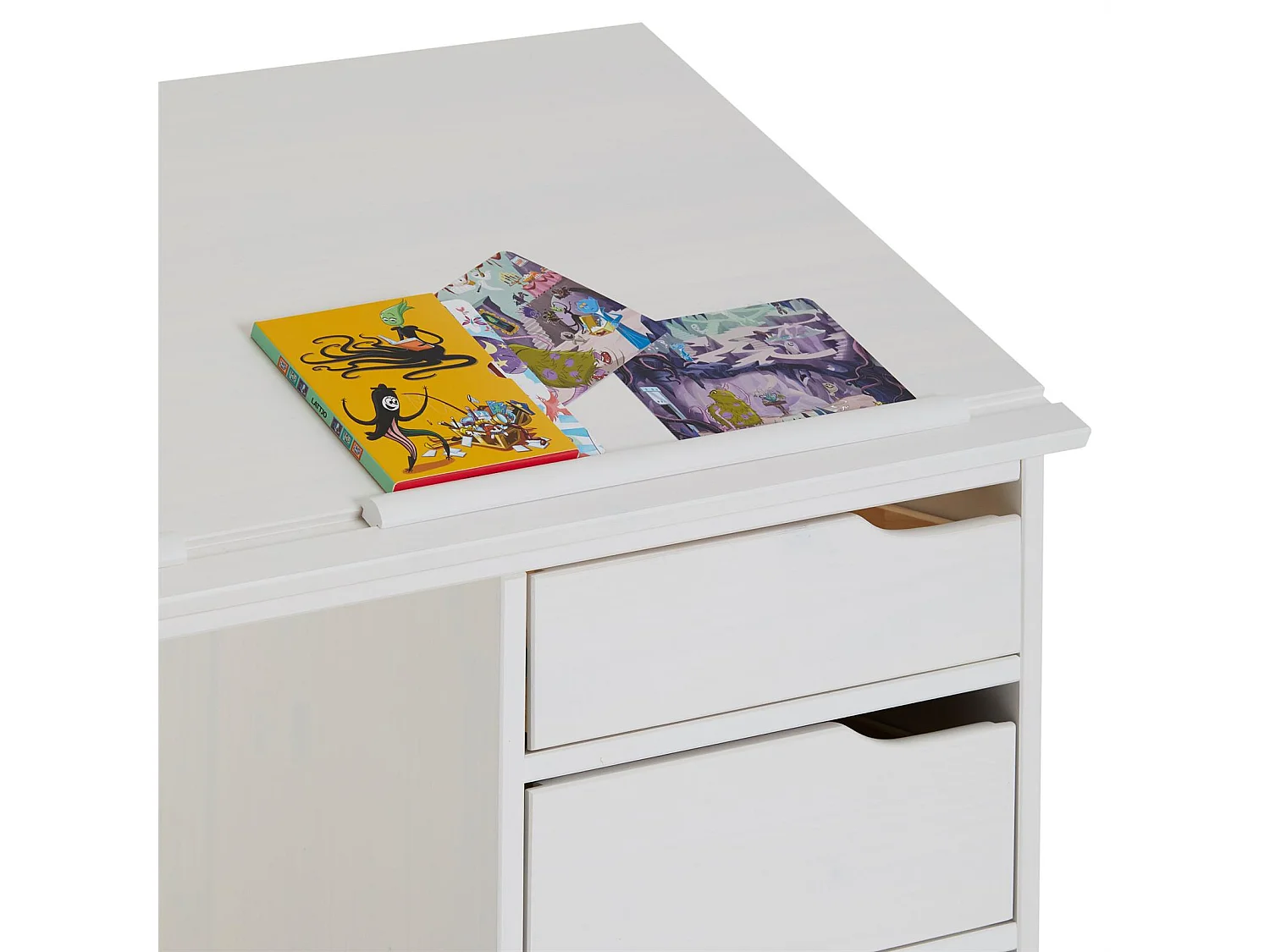 Bureau enfant écolier junior EMMA pupitre inclinable avec 4 tiroirs en pin massif, lasuré blanc