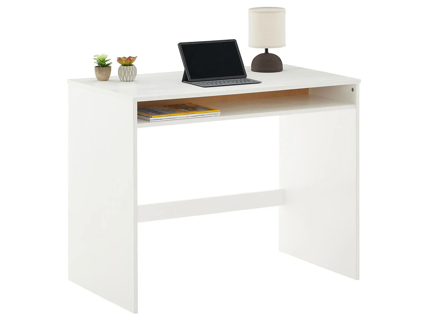 Bureau ALICE table de travail avec 1 niche de rangement sous le plateau, en pin massif lasuré blanc