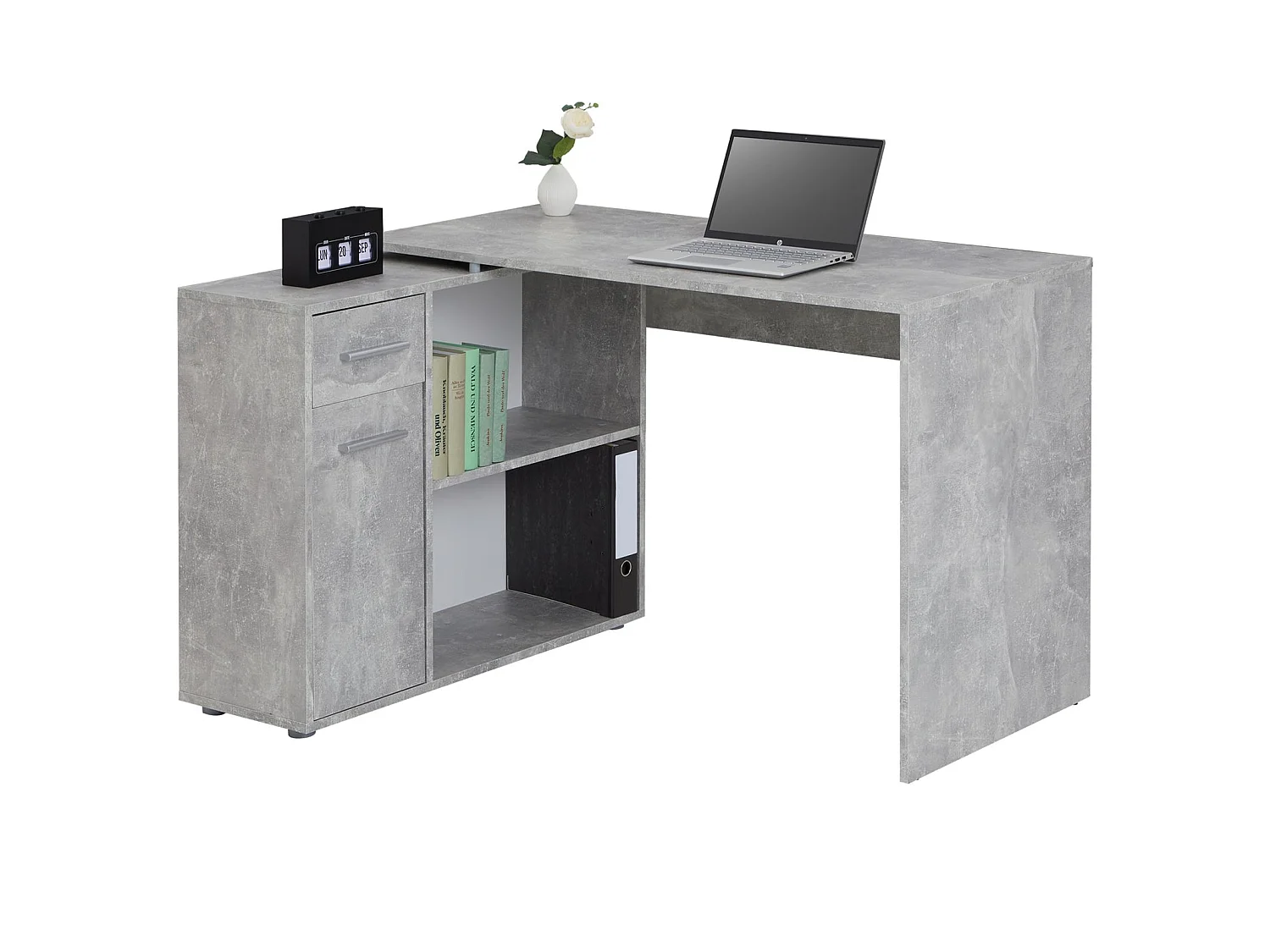 Bureau d'angle ISOTTA table avec meuble de rangement intégré et modulable avec 2 étagères 1 porte 1 tiroir, en mélaminé décor béton