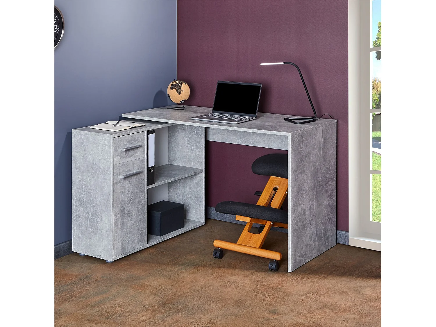 Bureau d'angle ISOTTA table avec meuble de rangement intégré et modulable avec 2 étagères 1 porte 1 tiroir, en mélaminé décor béton