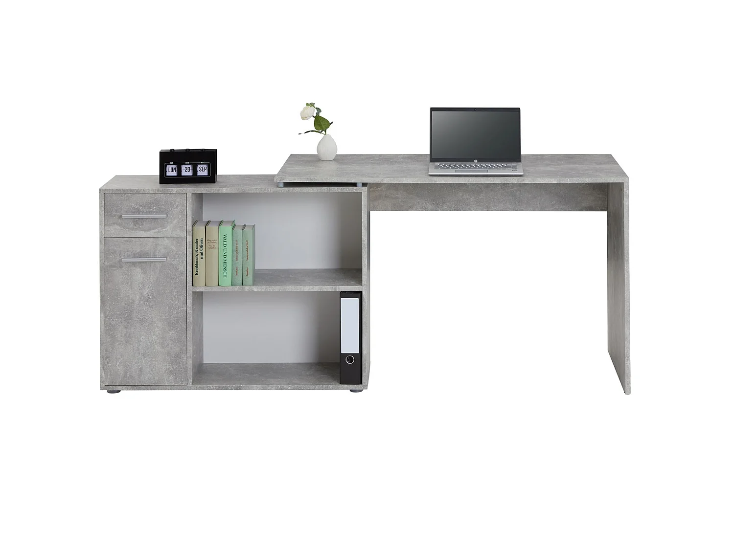Bureau d'angle ISOTTA table avec meuble de rangement intégré et modulable avec 2 étagères 1 porte 1 tiroir, en mélaminé décor béton