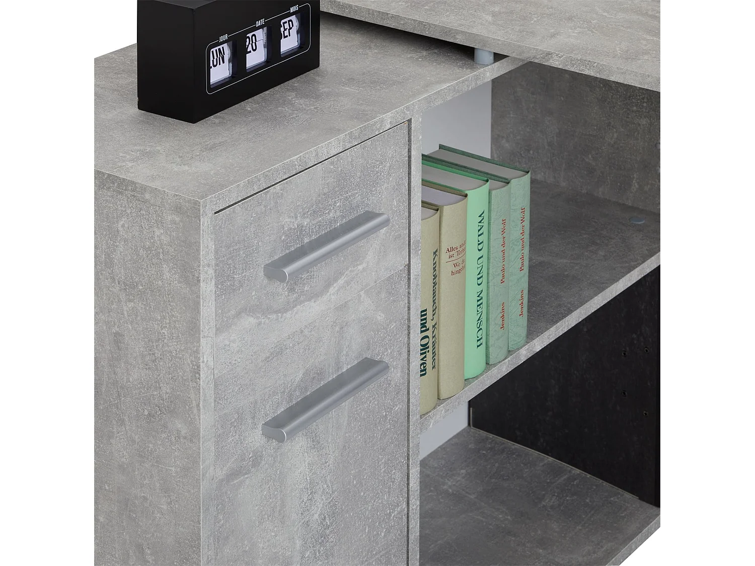 Bureau d'angle ISOTTA table avec meuble de rangement intégré et modulable avec 2 étagères 1 porte 1 tiroir, en mélaminé décor béton