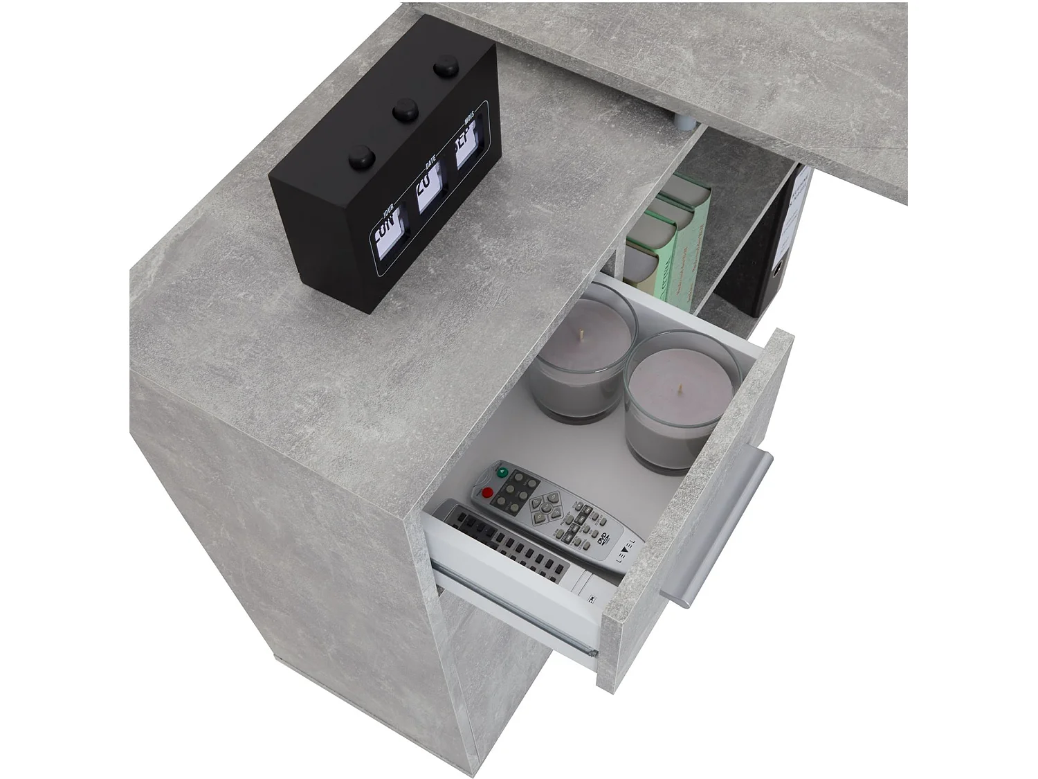 Bureau d'angle ISOTTA table avec meuble de rangement intégré et modulable avec 2 étagères 1 porte 1 tiroir, en mélaminé décor béton