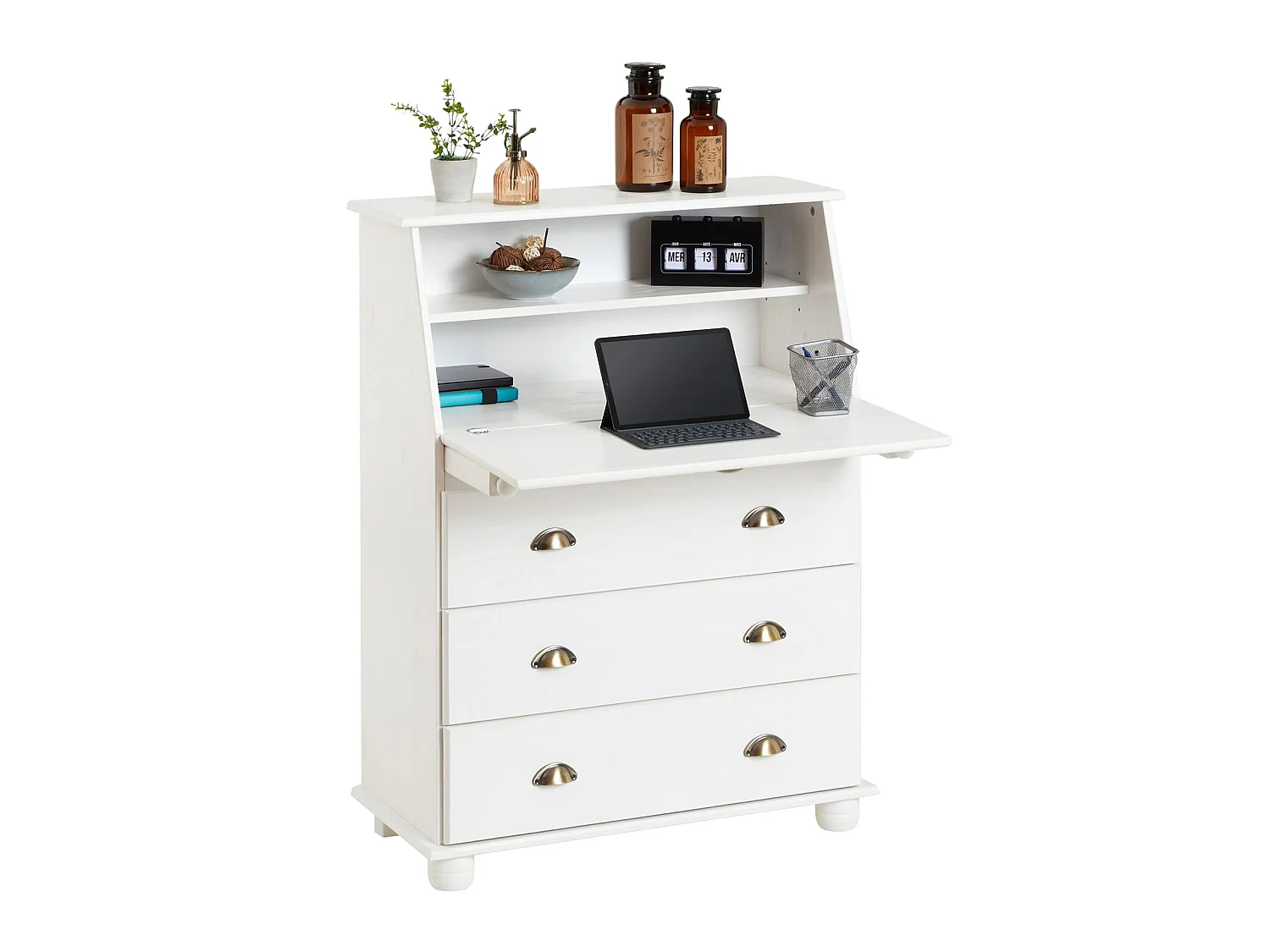 Bureau secrétaire GOMES rangement avec abattant 1 étagère et 3 tiroirs, plan de travail rabattable, en pin massif lasuré blanc