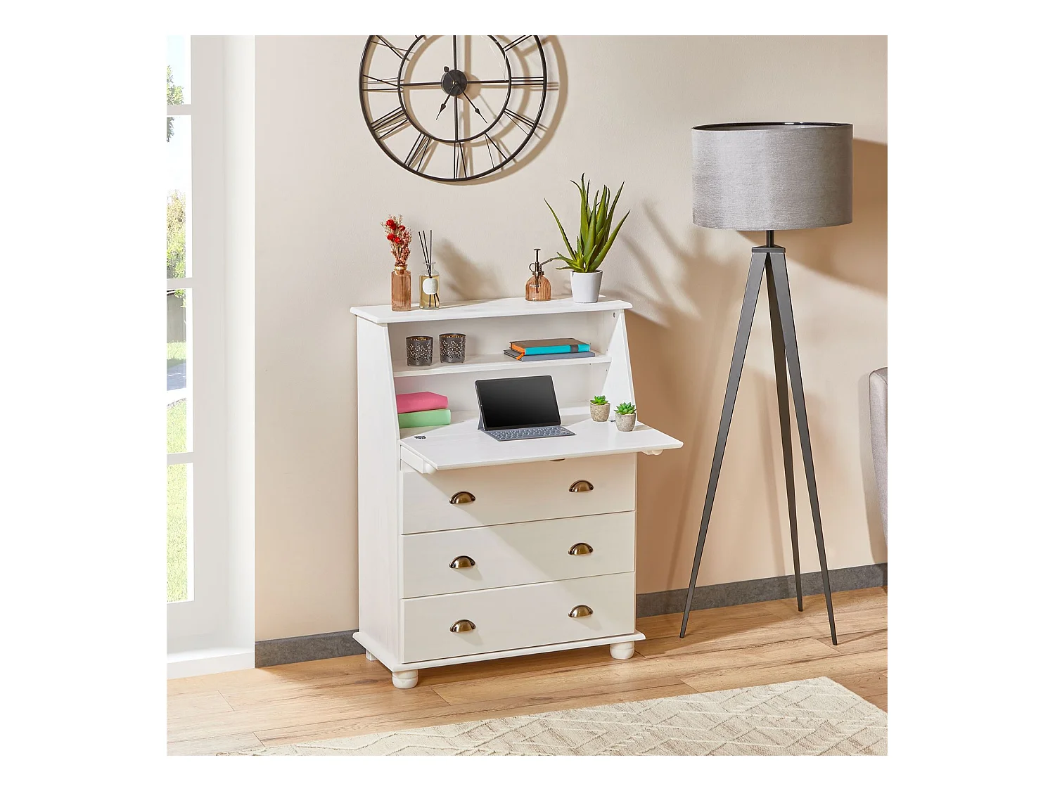 Bureau secrétaire GOMES rangement avec abattant 1 étagère et 3 tiroirs, plan de travail rabattable, en pin massif lasuré blanc