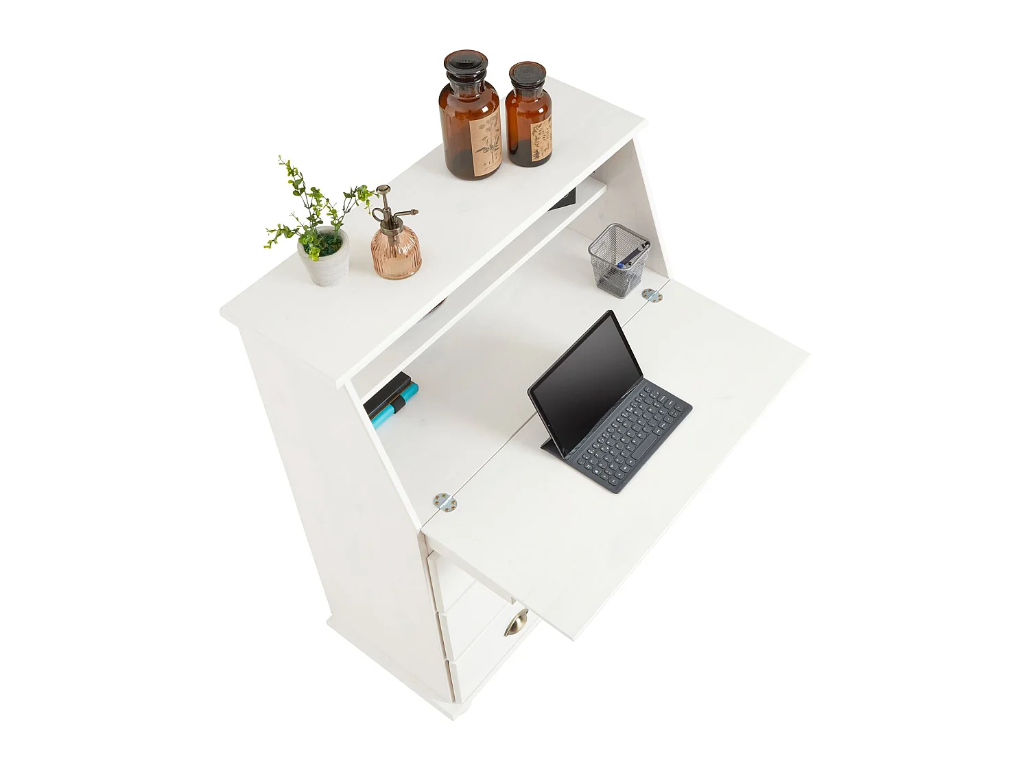 Bureau secrétaire GOMES rangement avec abattant 1 étagère et 3 tiroirs, plan de travail rabattable, en pin massif lasuré blanc