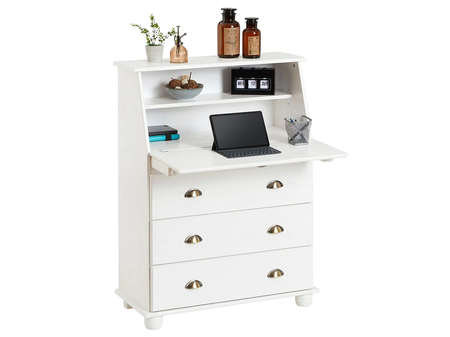 Bureau secrétaire GOMES rangement avec abattant 1 étagère et 3 tiroirs, plan de travail rabattable, en pin massif lasuré blanc