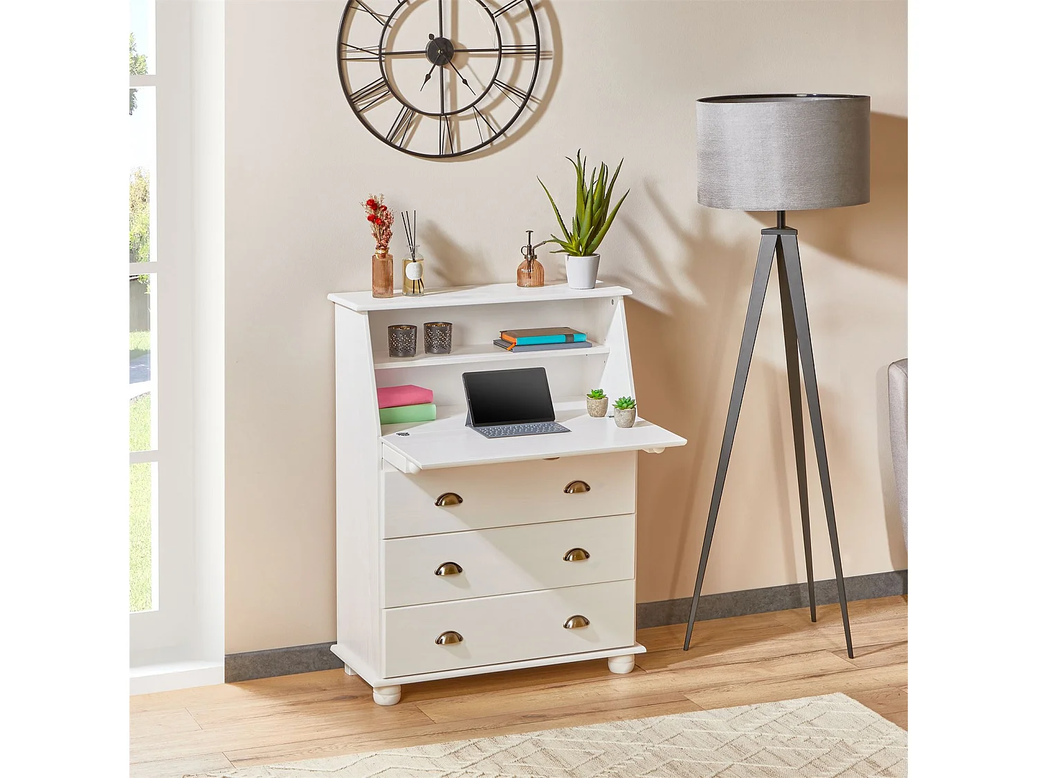 Bureau secrétaire GOMES rangement avec abattant 1 étagère et 3 tiroirs, plan de travail rabattable, en pin massif lasuré blanc