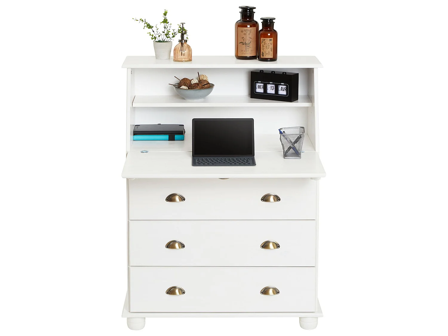 Bureau secrétaire GOMES rangement avec abattant 1 étagère et 3 tiroirs, plan de travail rabattable, en pin massif lasuré blanc