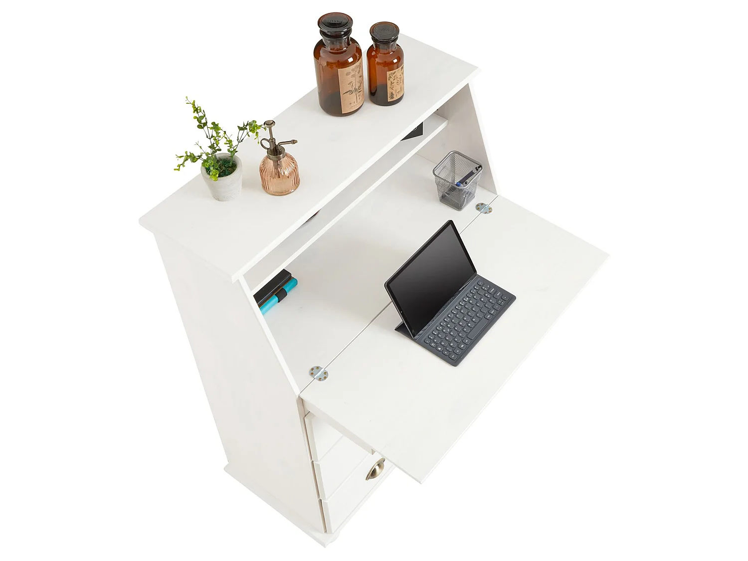 Bureau secrétaire GOMES rangement avec abattant 1 étagère et 3 tiroirs, plan de travail rabattable, en pin massif lasuré blanc