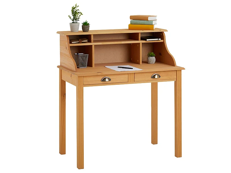 Bureau secrétaire MARLENE avec rangement sur plusieurs étagères et 2 tiroirs, en pin massif finition cirée
