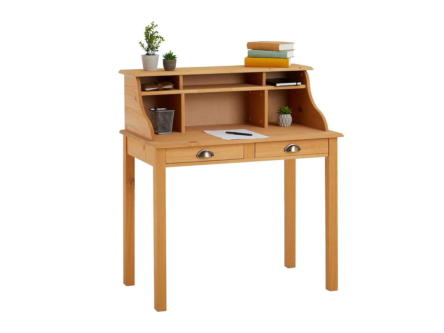 Bureau secrétaire MARLENE avec rangement sur plusieurs étagères et 2 tiroirs, en pin massif finition cirée