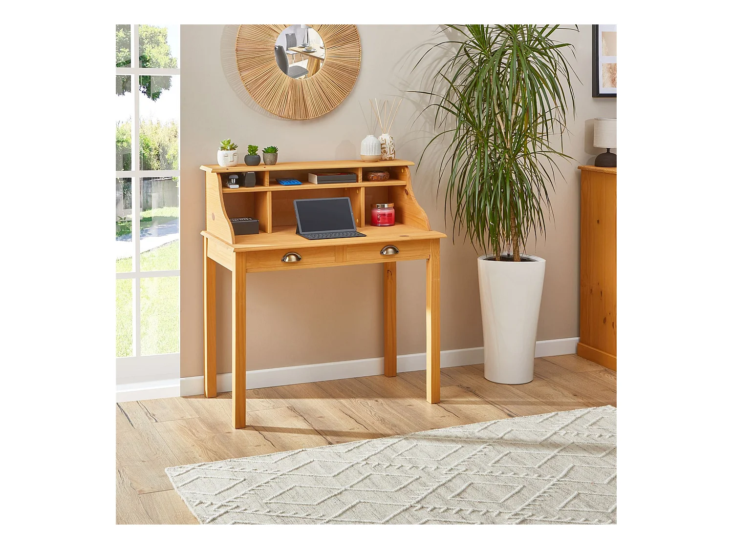 Bureau secrétaire MARLENE avec rangement sur plusieurs étagères et 2 tiroirs, en pin massif finition cirée