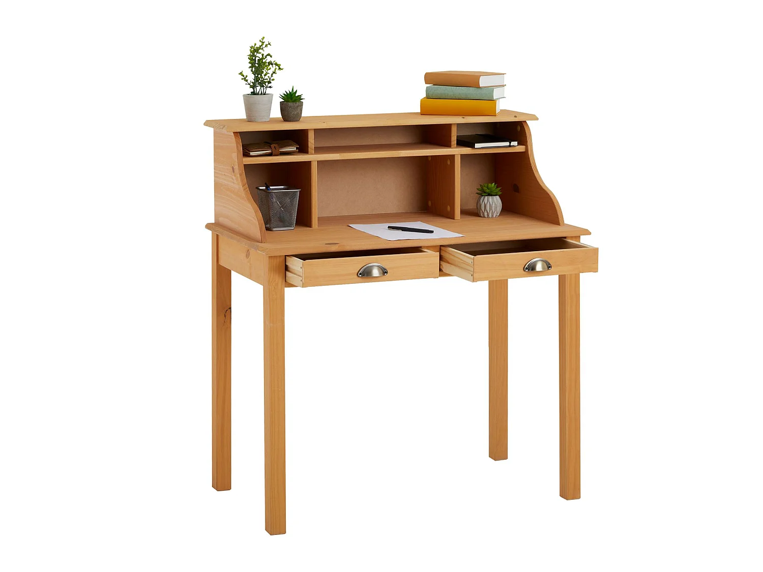 Bureau secrétaire MARLENE avec rangement sur plusieurs étagères et 2 tiroirs, en pin massif finition cirée