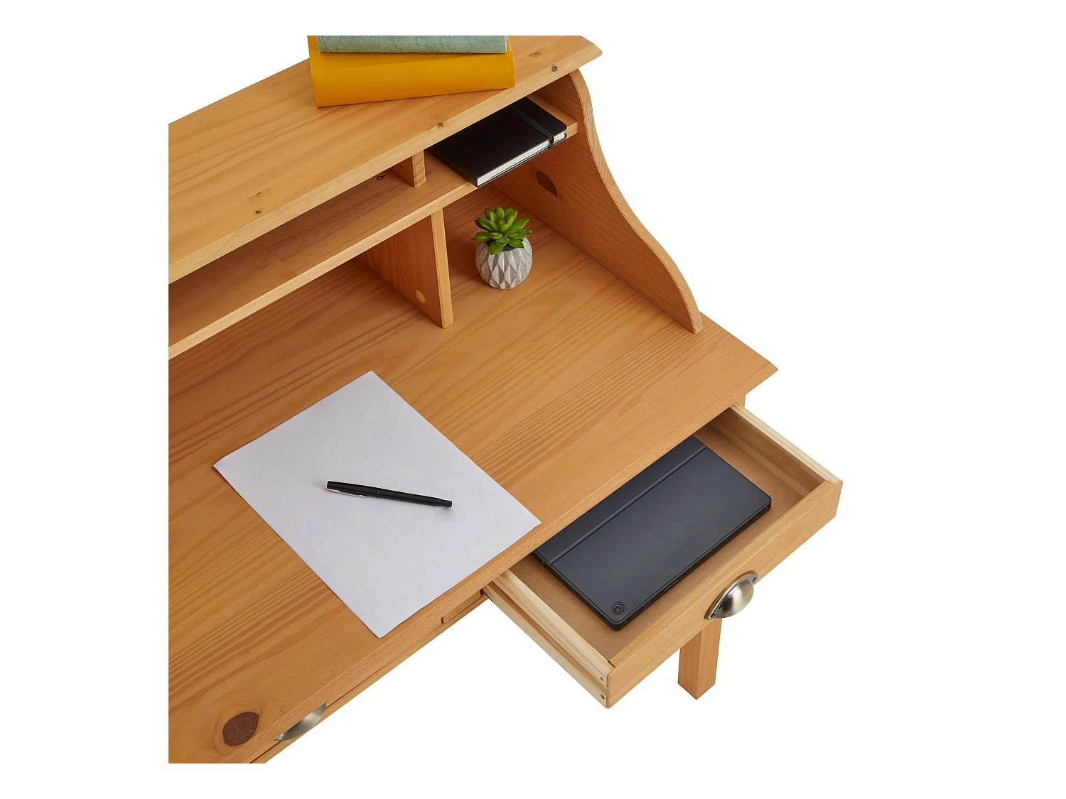 Bureau secrétaire MARLENE avec rangement sur plusieurs étagères et 2 tiroirs, en pin massif finition cirée