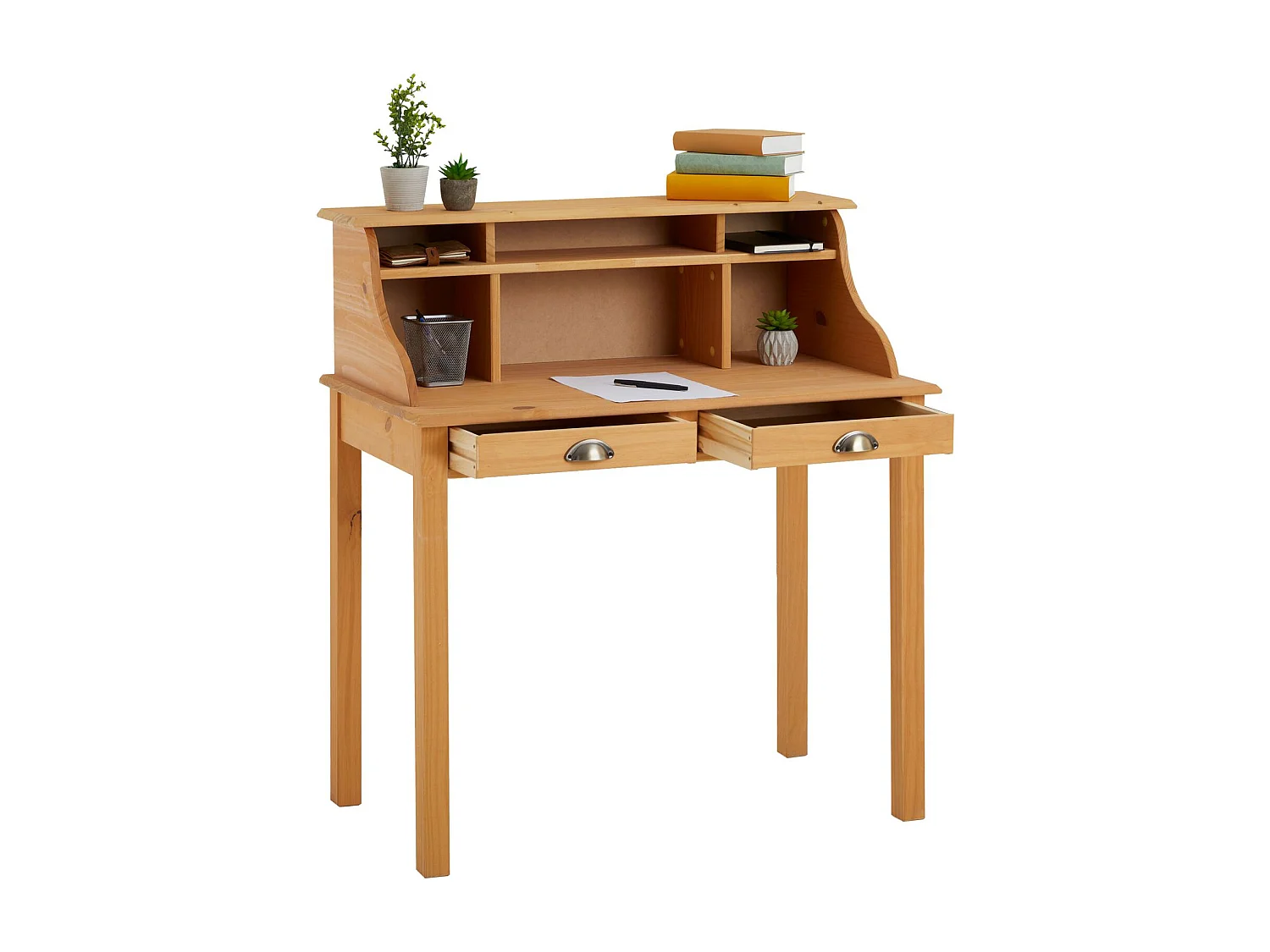 Bureau secrétaire MARLENE avec rangement sur plusieurs étagères et 2 tiroirs, en pin massif finition cirée