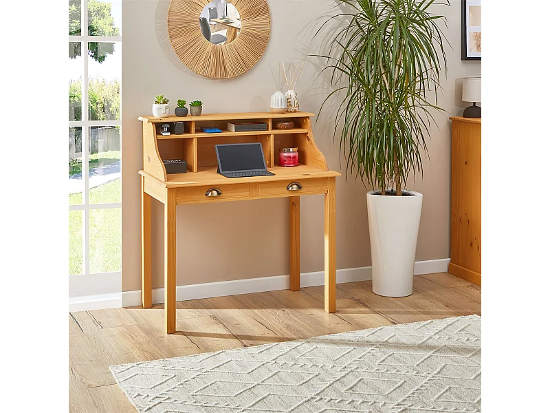 Bureau secrétaire MARLENE avec rangement sur plusieurs étagères et 2 tiroirs, en pin massif finition cirée