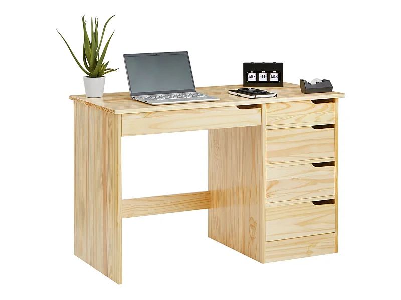 Bureau HUGO avec rangement 5 tiroirs style scandinave en pin massif à la finition naturelle