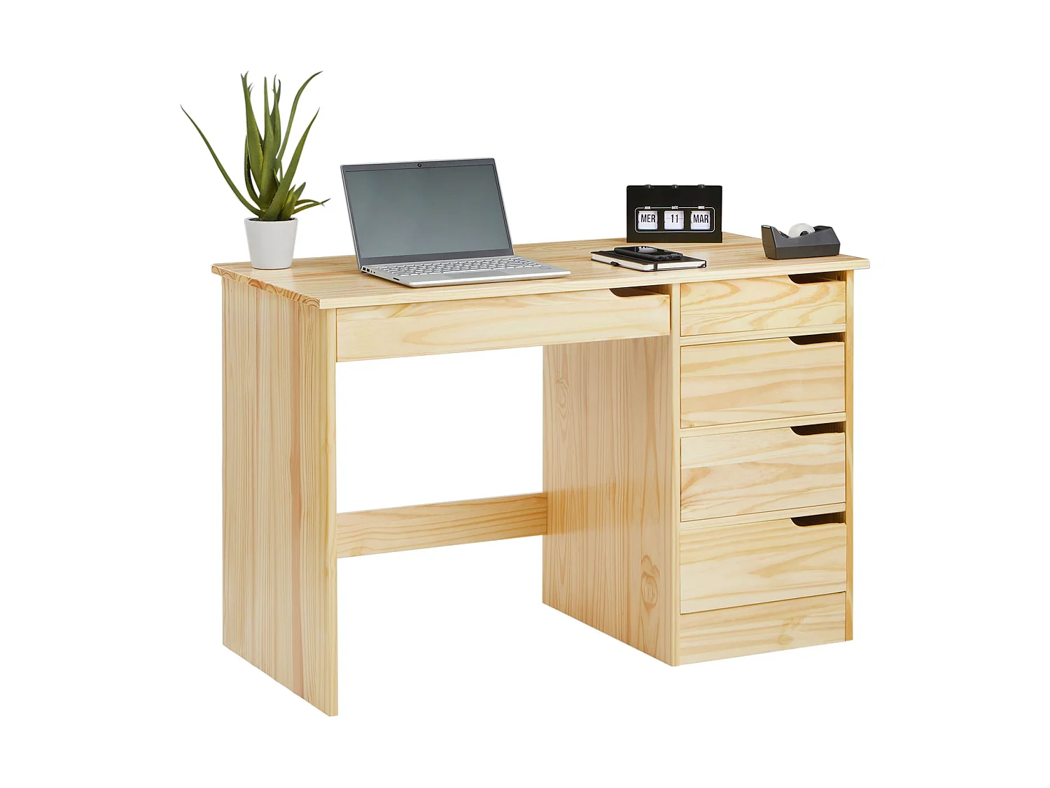 Bureau HUGO avec rangement 5 tiroirs style scandinave en pin massif à la finition naturelle