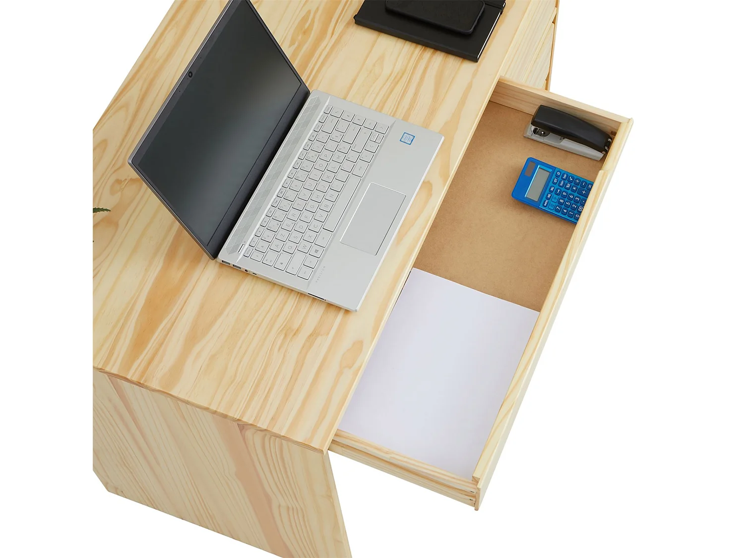 Bureau HUGO avec rangement 5 tiroirs style scandinave en pin massif à la finition naturelle