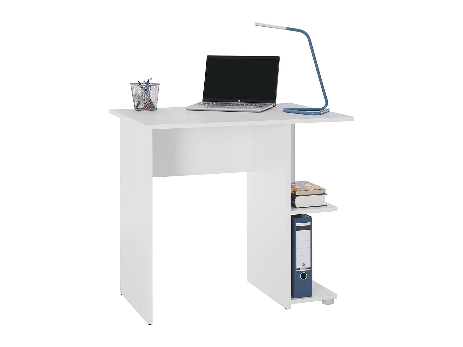 Bureau pour enfant ou adulte NOVA, bureau informatique table d'ordinateur rangement ouvert 2 tablettes, en mélaminé blanc mat