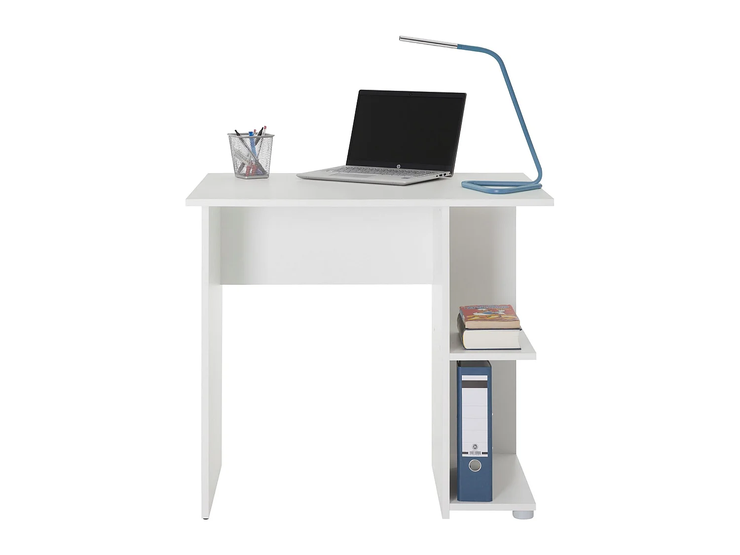 Bureau pour enfant ou adulte NOVA, bureau informatique table d'ordinateur rangement ouvert 2 tablettes, en mélaminé blanc mat