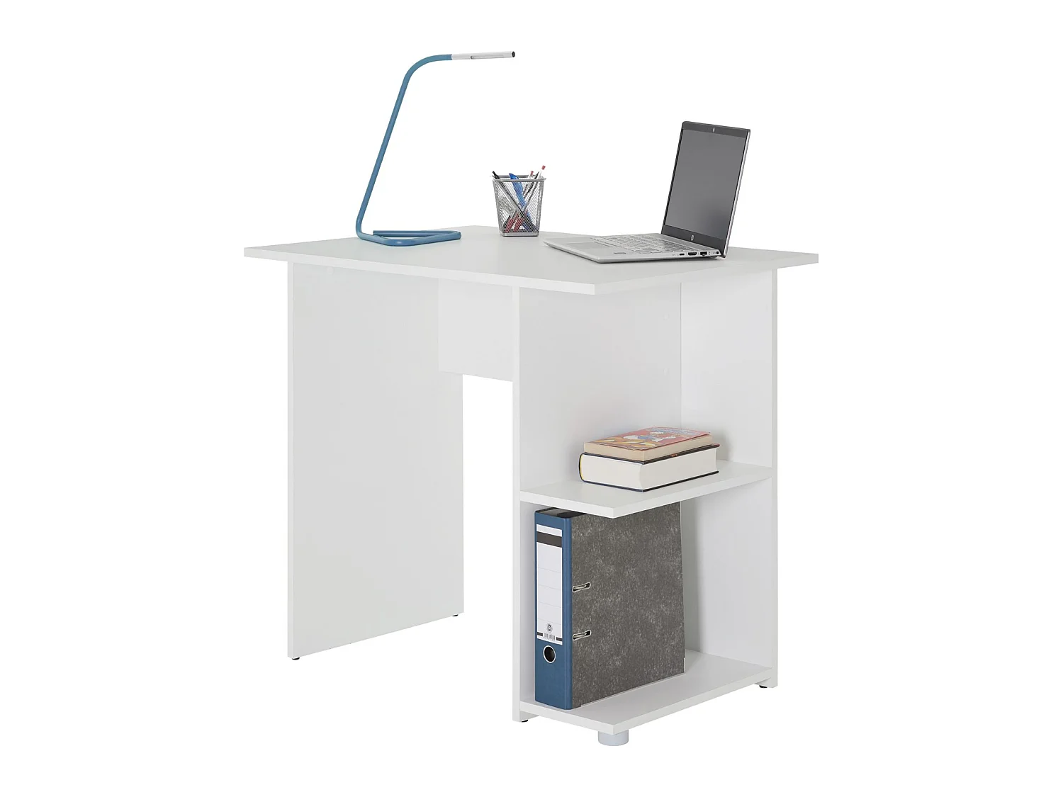 Bureau pour enfant ou adulte NOVA, bureau informatique table d'ordinateur rangement ouvert 2 tablettes, en mélaminé blanc mat