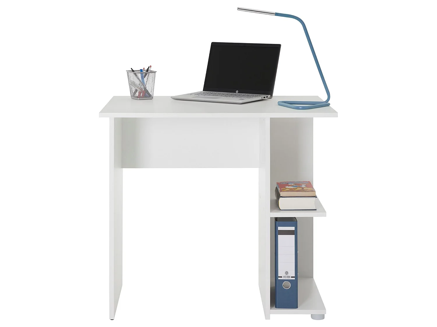 Bureau pour enfant ou adulte NOVA, bureau informatique table d'ordinateur rangement ouvert 2 tablettes, en mélaminé blanc mat