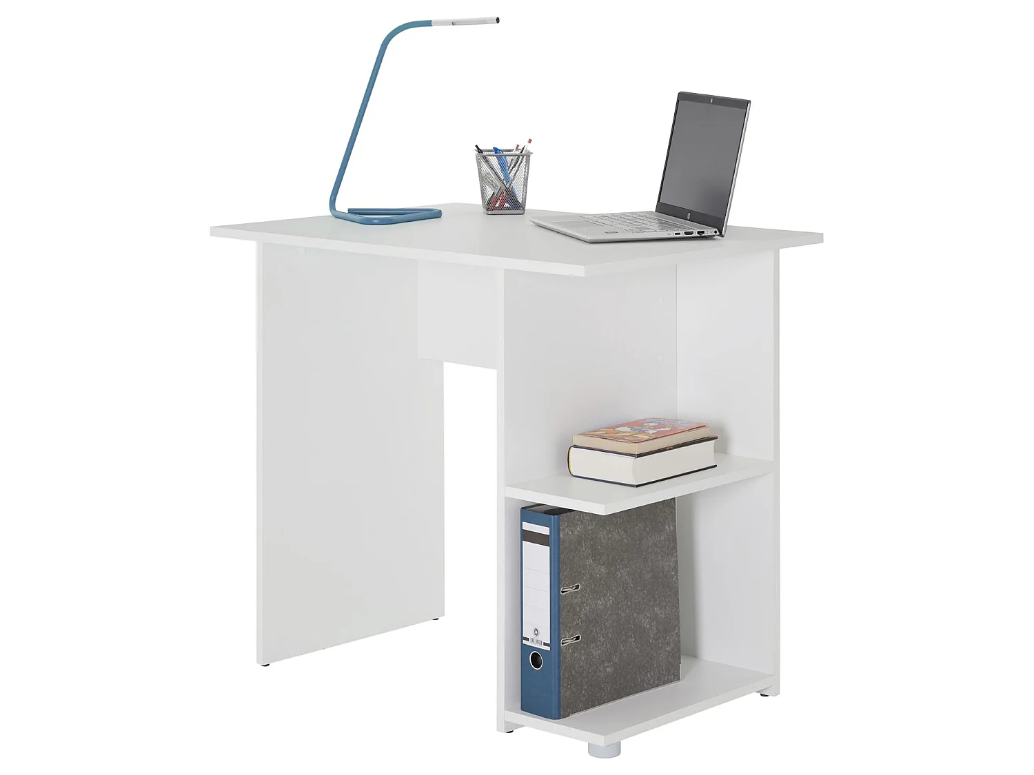 Bureau pour enfant ou adulte NOVA, bureau informatique table d'ordinateur rangement ouvert 2 tablettes, en mélaminé blanc mat