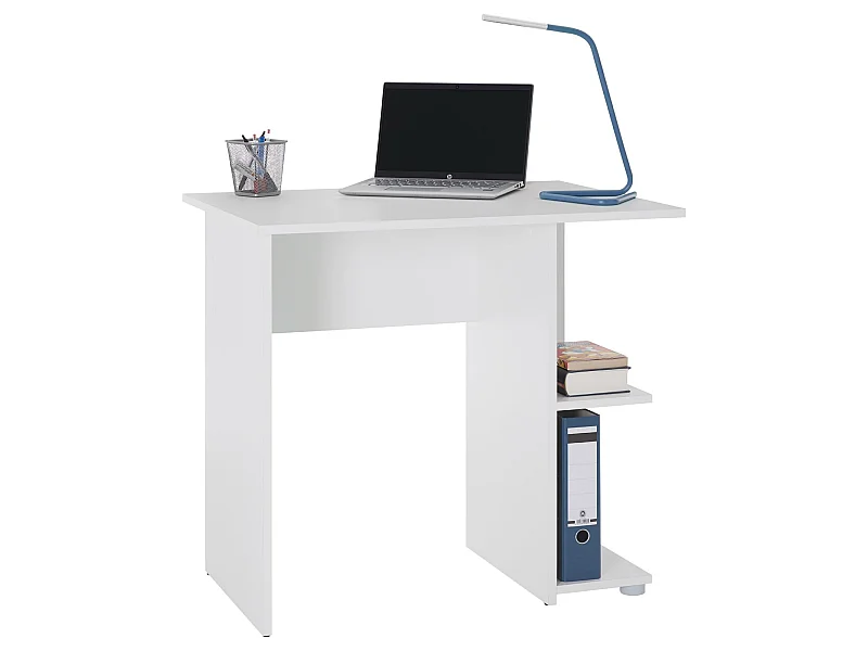 Bureau pour enfant ou adulte NOVA, bureau informatique table d'ordinateur rangement ouvert 2 tablettes, en mélaminé blanc mat