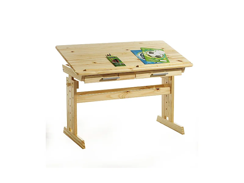Bureau enfant écolier junior OLIVIA table à dessin réglable en hauteur et pupitre inclinable avec 2 tiroirs en pin massif naturel