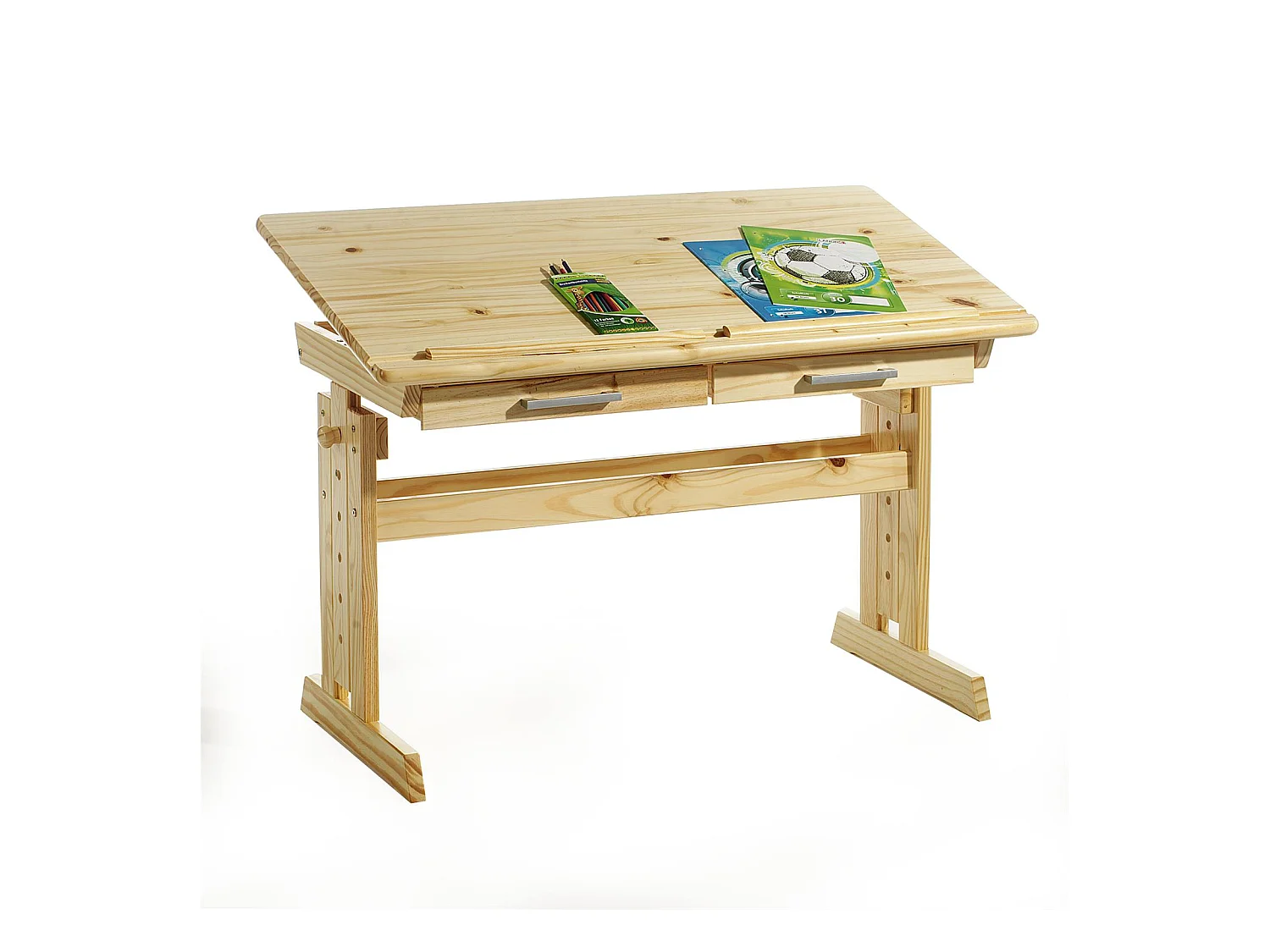 Bureau enfant écolier junior OLIVIA table à dessin réglable en hauteur et pupitre inclinable avec 2 tiroirs en pin massif naturel