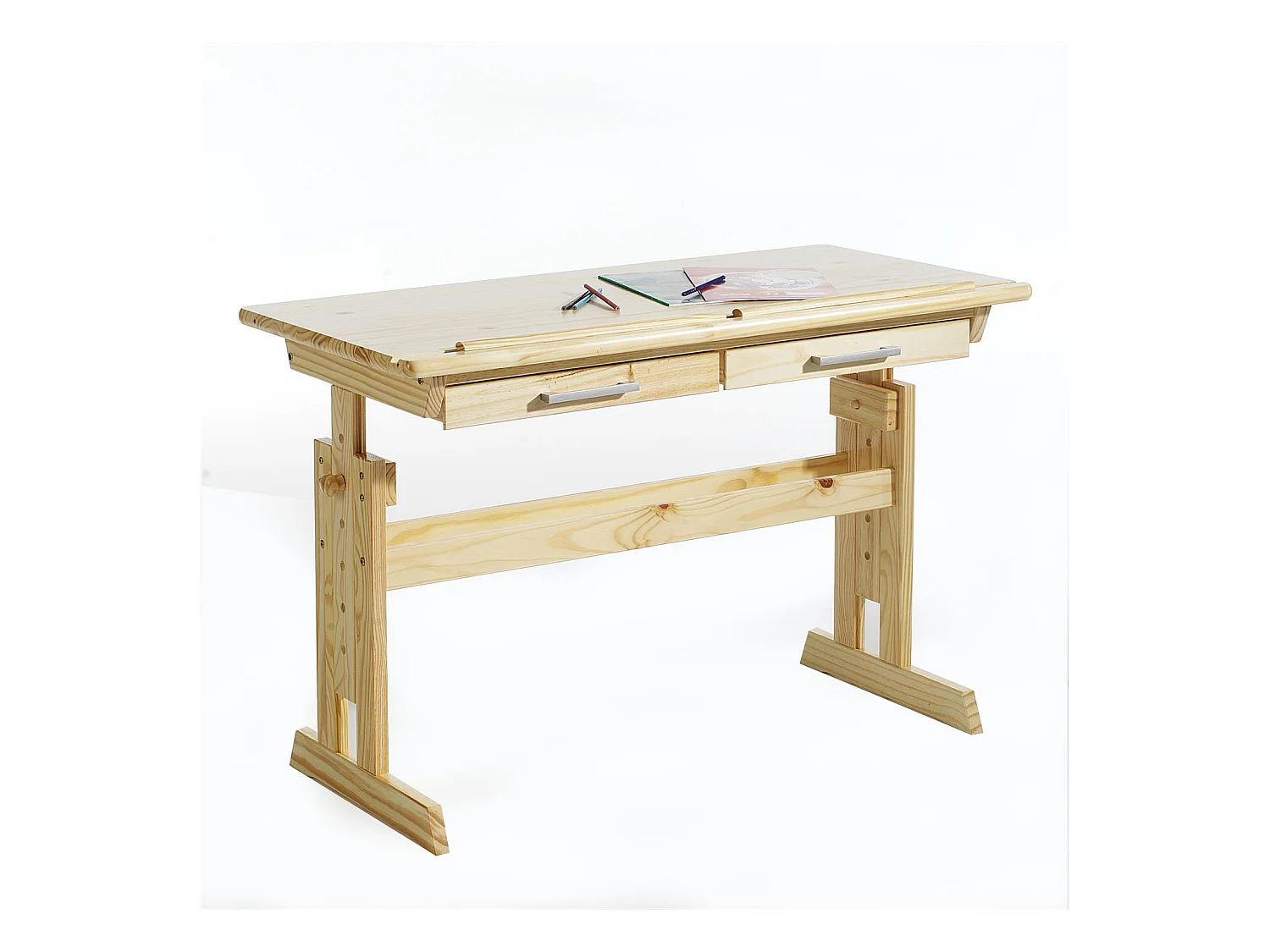 Bureau enfant écolier junior OLIVIA table à dessin réglable en hauteur et pupitre inclinable avec 2 tiroirs en pin massif naturel