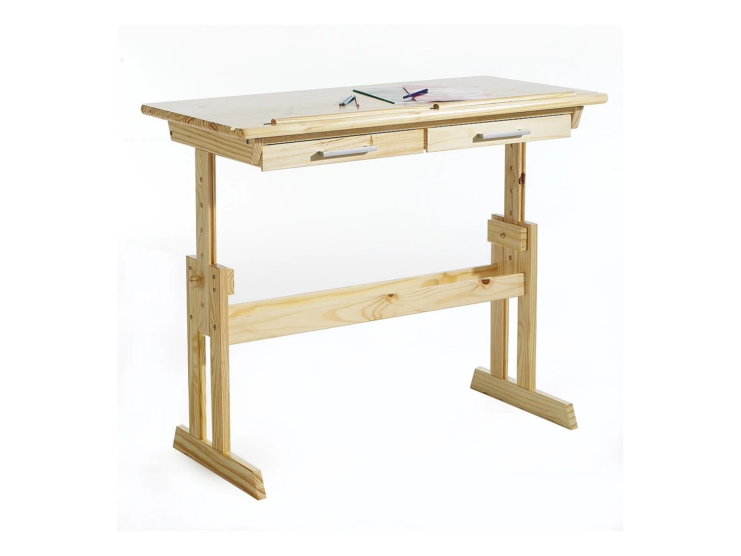 Bureau enfant écolier junior OLIVIA table à dessin réglable en hauteur et pupitre inclinable avec 2 tiroirs en pin massif naturel