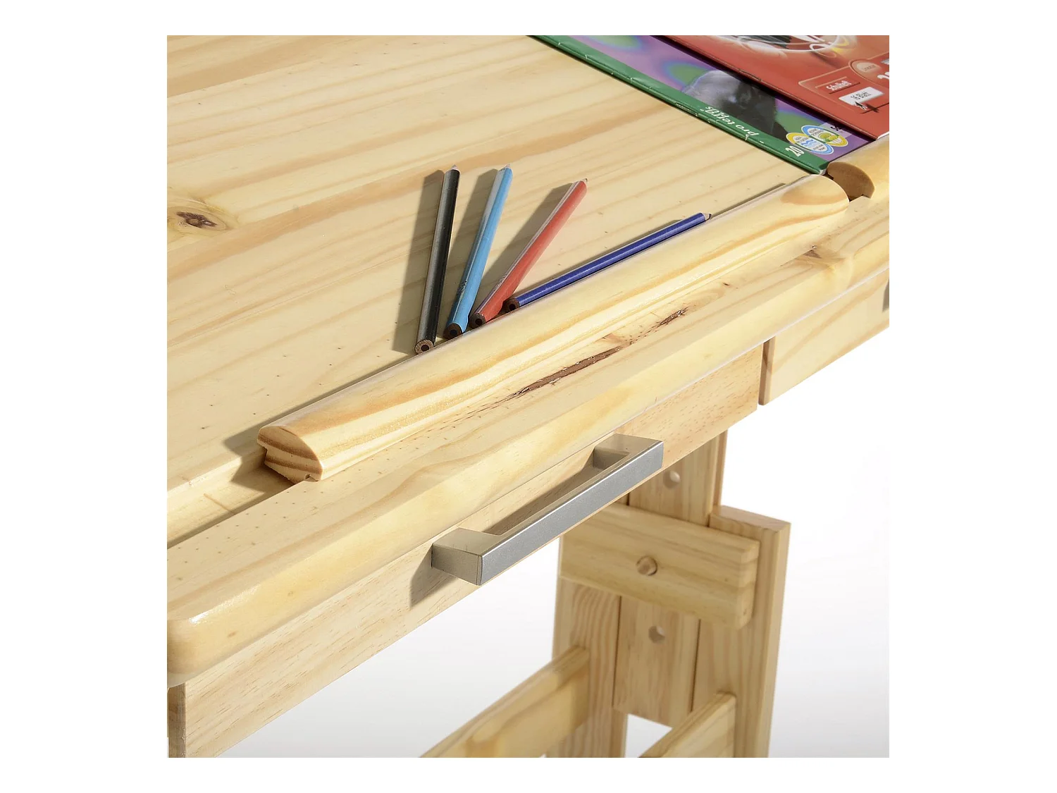 Bureau enfant écolier junior OLIVIA table à dessin réglable en hauteur et pupitre inclinable avec 2 tiroirs en pin massif naturel