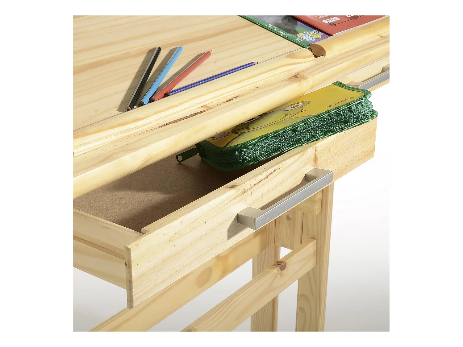 Bureau enfant écolier junior OLIVIA table à dessin réglable en hauteur et pupitre inclinable avec 2 tiroirs en pin massif naturel