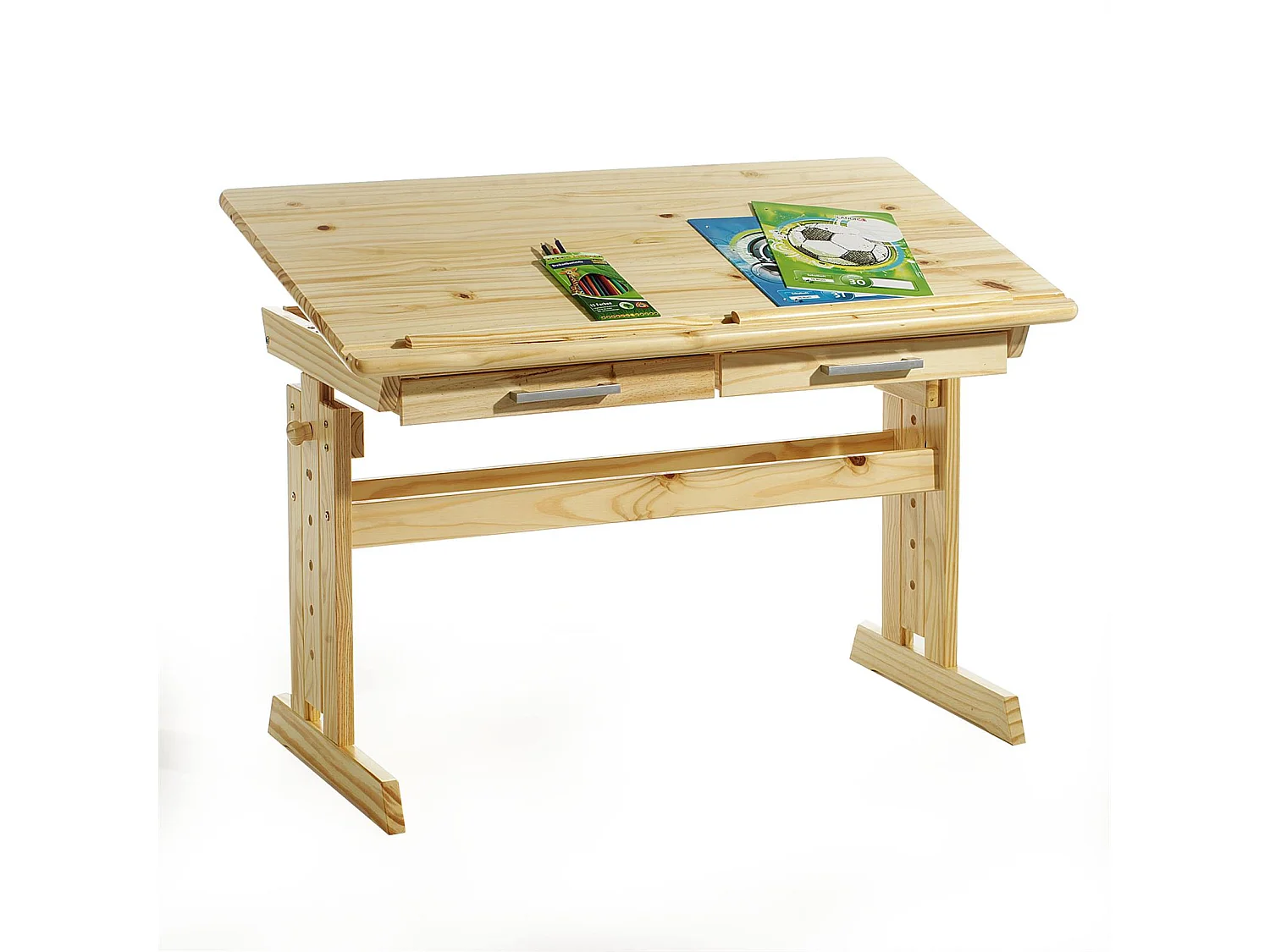 Bureau enfant écolier junior OLIVIA table à dessin réglable en hauteur et pupitre inclinable avec 2 tiroirs en pin massif naturel