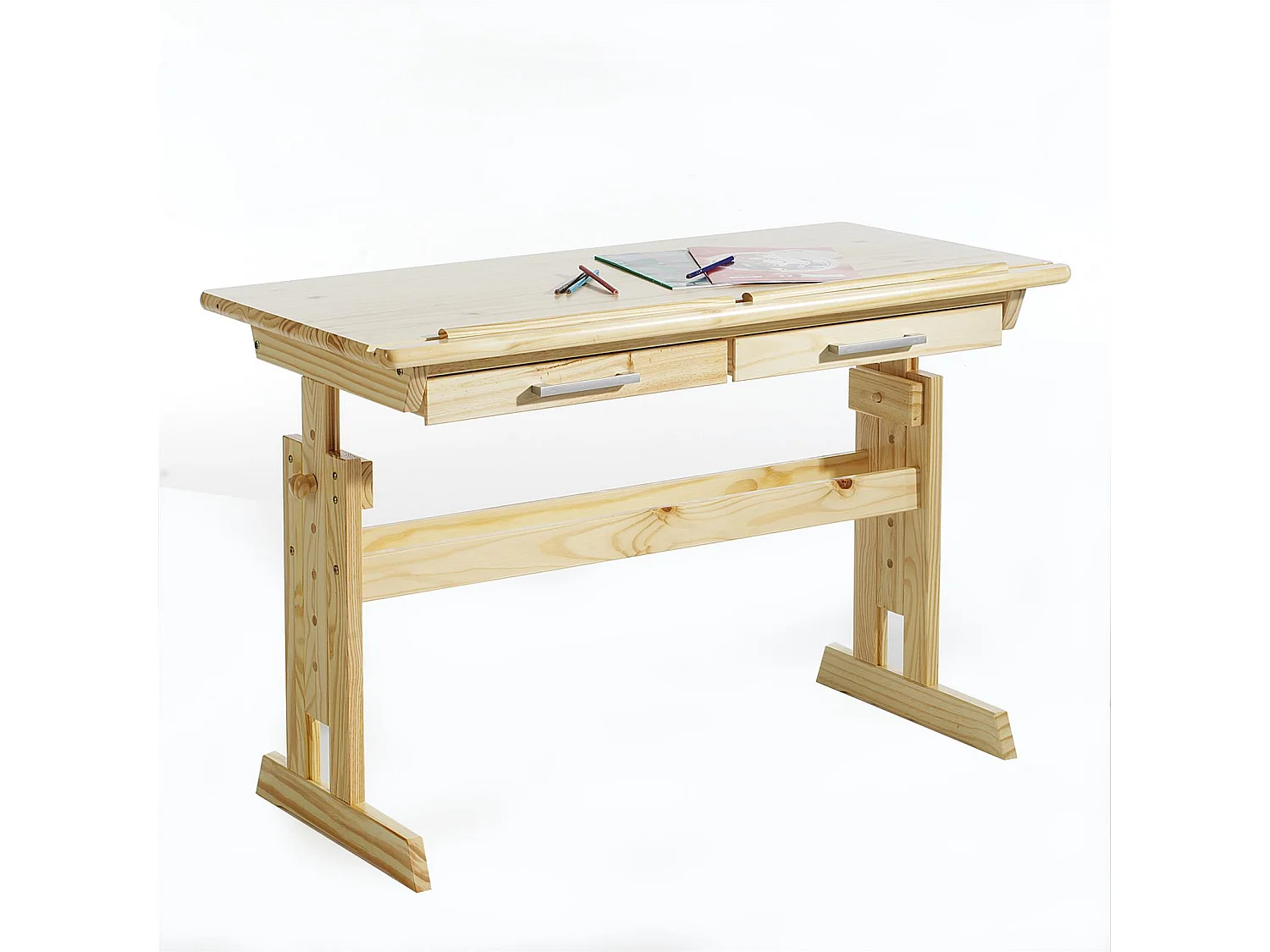 Bureau enfant écolier junior OLIVIA table à dessin réglable en hauteur et pupitre inclinable avec 2 tiroirs en pin massif naturel