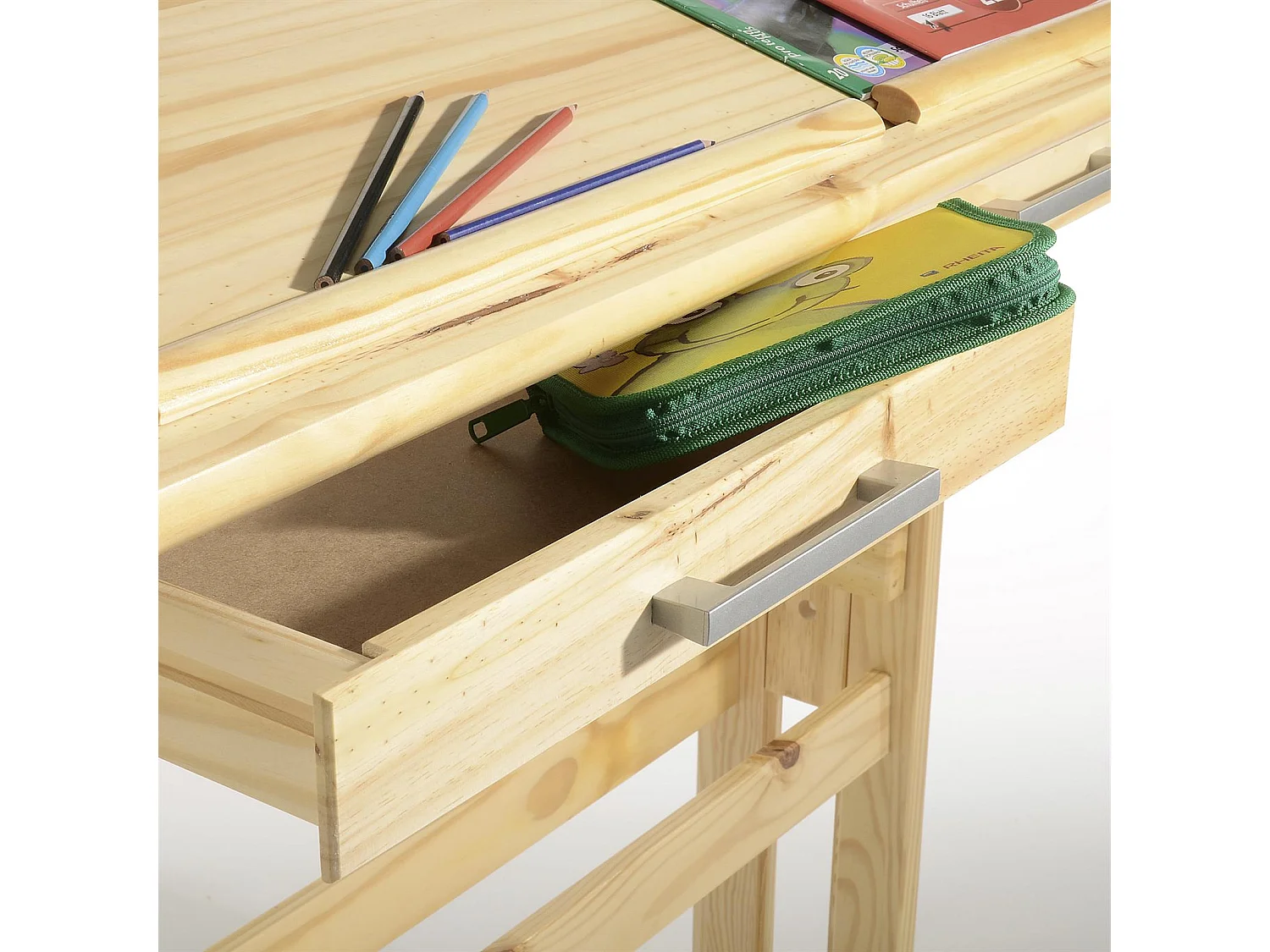 Bureau enfant écolier junior OLIVIA table à dessin réglable en hauteur et pupitre inclinable avec 2 tiroirs en pin massif naturel