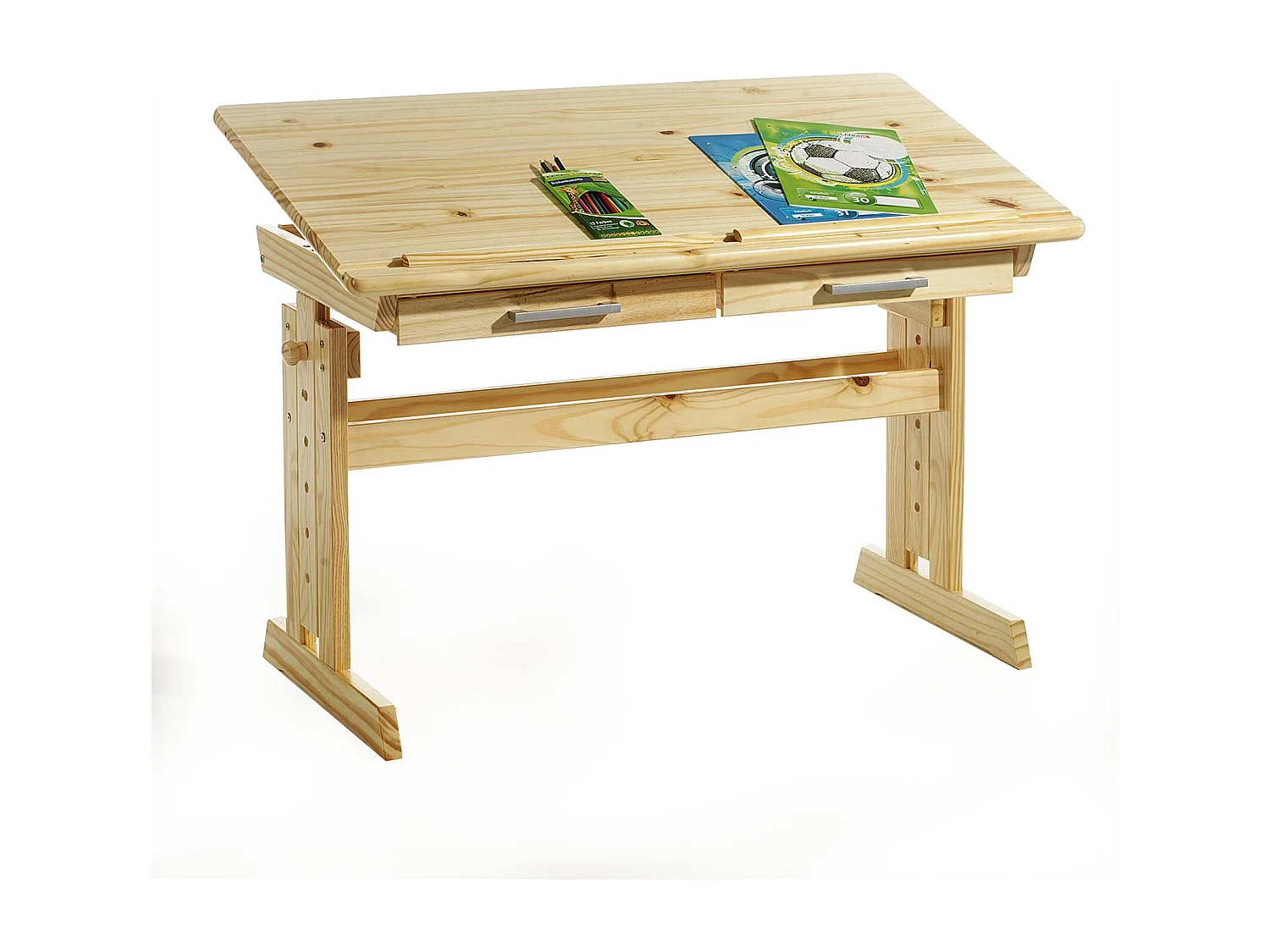 Bureau enfant écolier junior OLIVIA table à dessin réglable en hauteur et pupitre inclinable avec 2 tiroirs en pin massif naturel