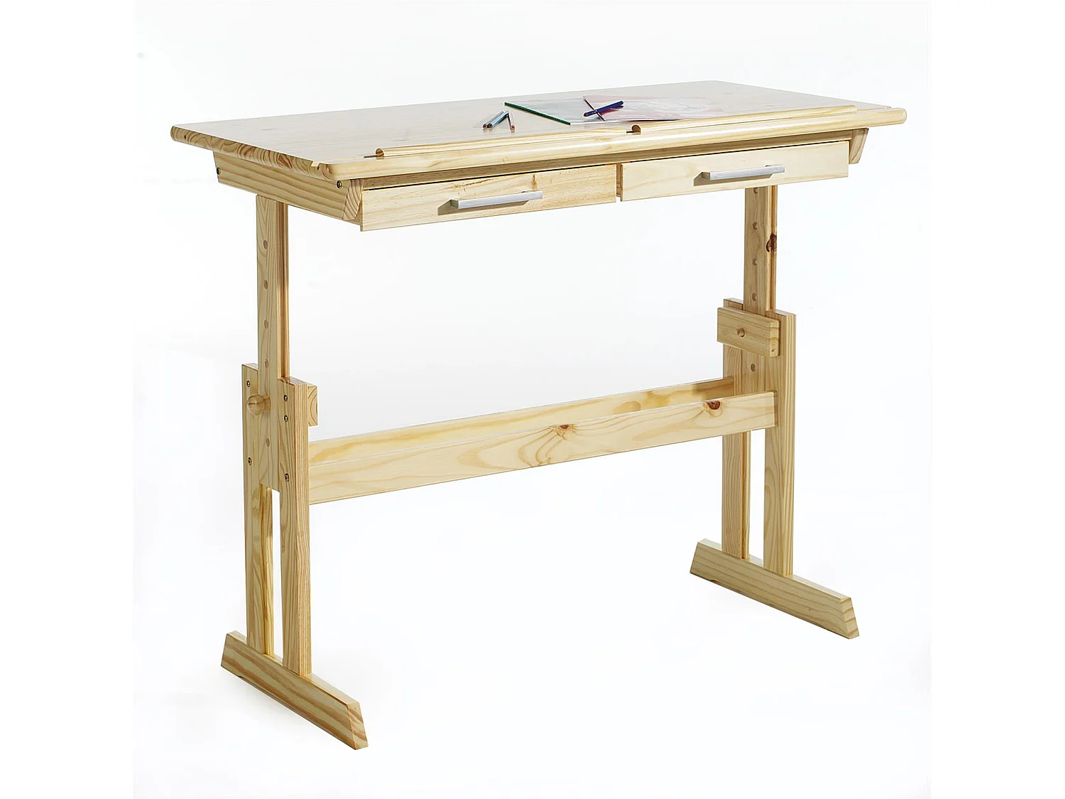 Bureau enfant écolier junior OLIVIA table à dessin réglable en hauteur et pupitre inclinable avec 2 tiroirs en pin massif naturel